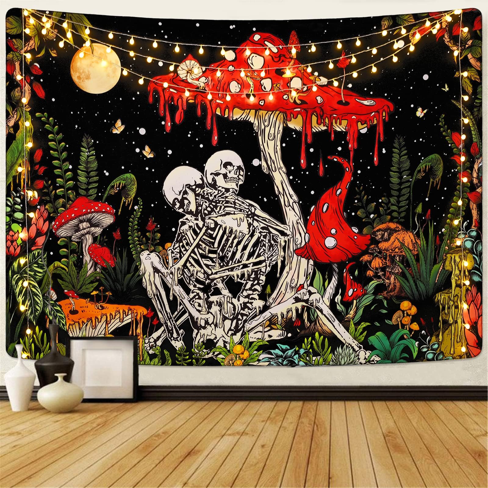 Uspring Skull Mushroom Tapestry - Skeleton Lovers Moon Garden Galaxy Gothic Wall Tapestry for Bedroom Aesthetic Decor (59.1 x 82.7 inches)