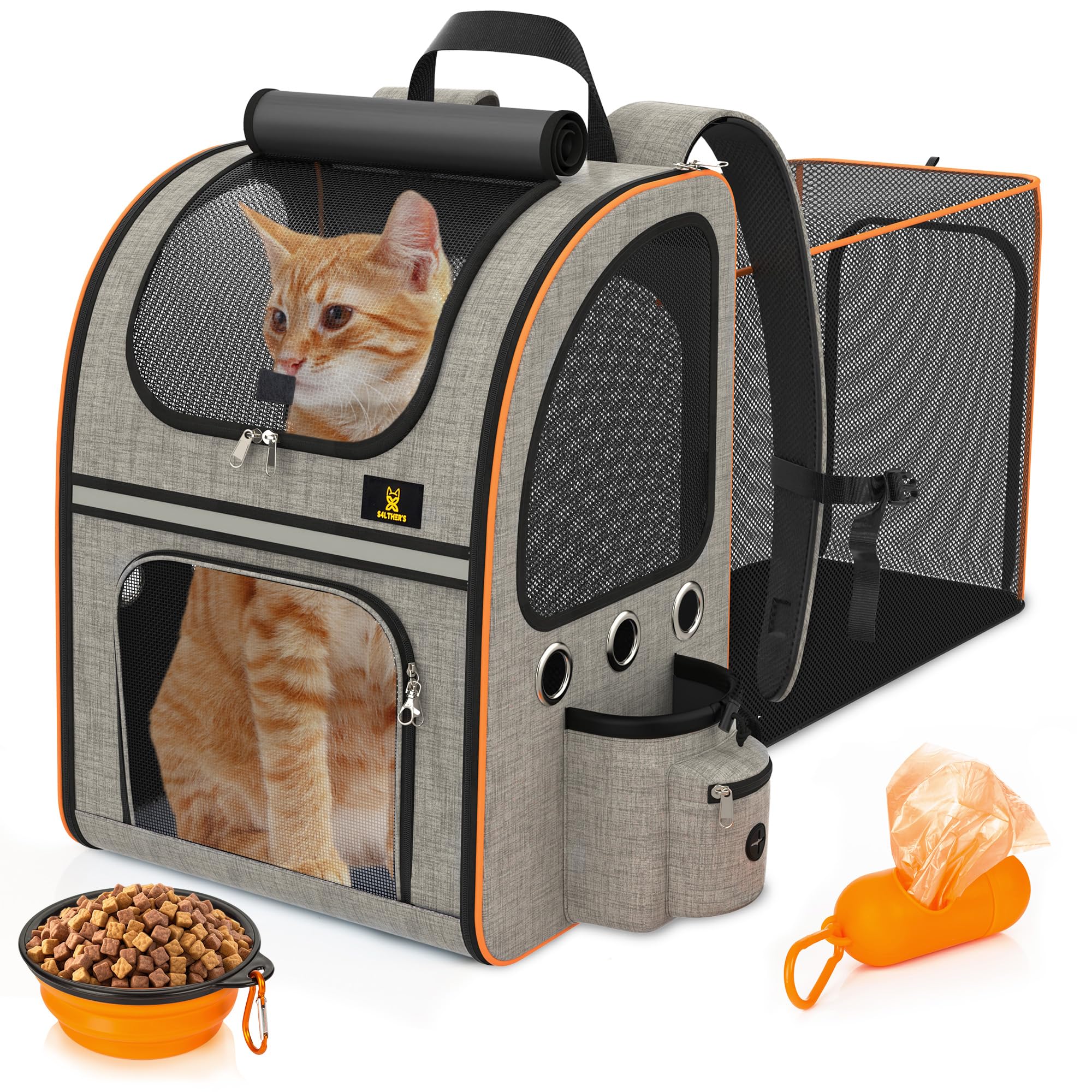 S4LTHER'S Mochila Gato - Mochila para Gatos Expandible - Mochila para Perros con Bebedero y Arnés Peso Maximo 8 kg - Mochila Gatos Transporte Expansible con Correa - Trasportines Gato - Mochila Perro