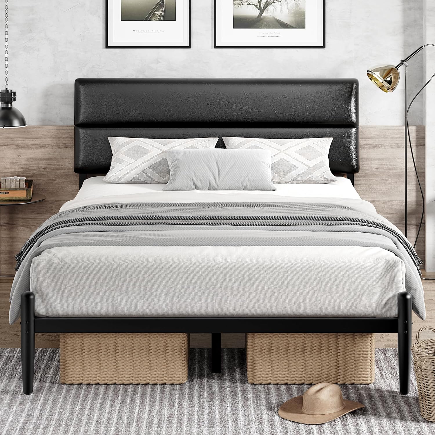 BedsPick Queen Size Bed Frame, Platform Bed Frame with Upholstered Headboard, 12 Quiet Slats, Urban Style Design, No Box Spring Needed (Dark Black)