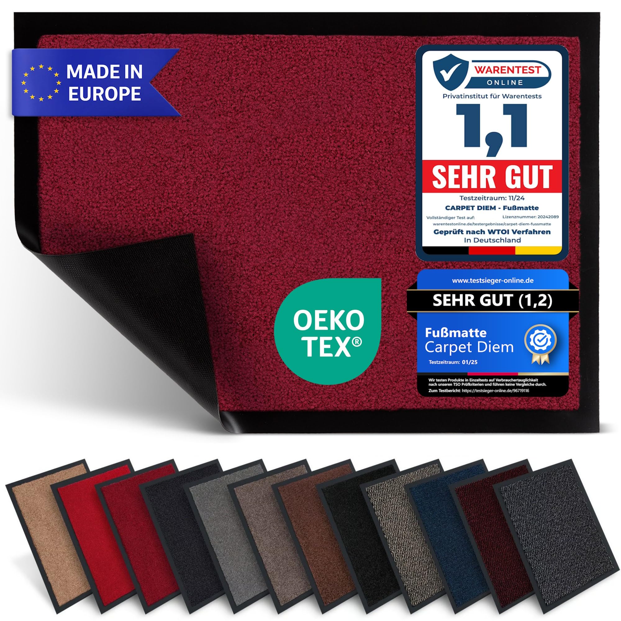 Carpet Diem Fußmatte, einfach sauber I Schmutzfangmatte Eingangsbereich - Fussmatte Innen & Außen, rutschfeste Türmatte, Schmutzfang Teppich für Haustür I Fußabtreter in Weinrot 60x90 cm