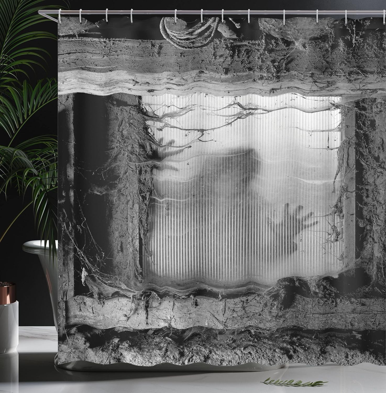 Ambesonne Horror House Shower Curtain, Shadow of a Scary Killer Zombie Outside Dirty Glass Striking Nightmare Picture, Cloth Fabric Bathroom Decor Set with Hooks, 69" W x 70" L, Grey