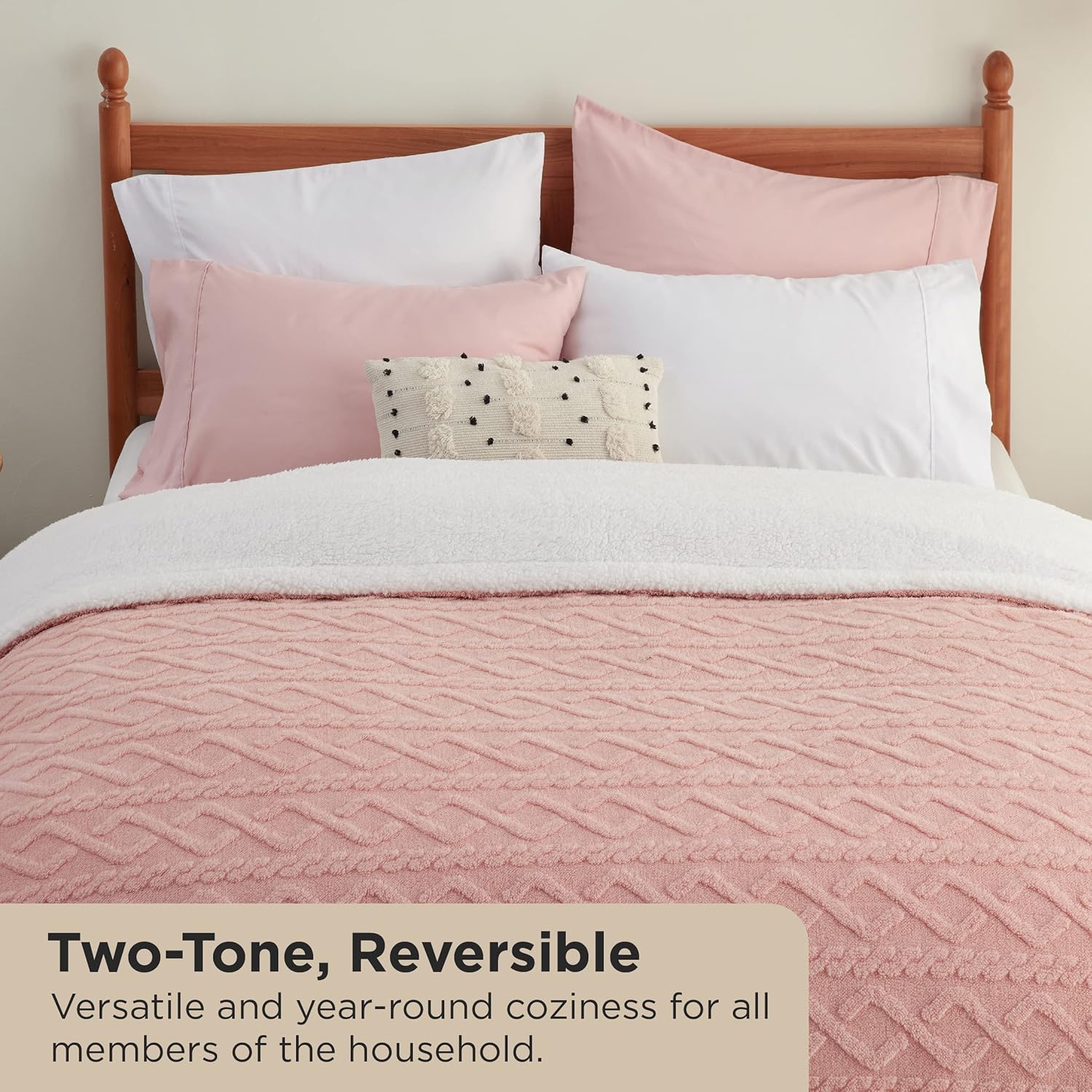 Bedsure Gentlesoft Sherpa King Size Blanket for Bed- Fleece Fluffy & Cozy Cable Jacquard Tufted for Women Gift, Thick and Warm Christmas Blanket for Winter, Pink, 108x90 Inches - Image 2