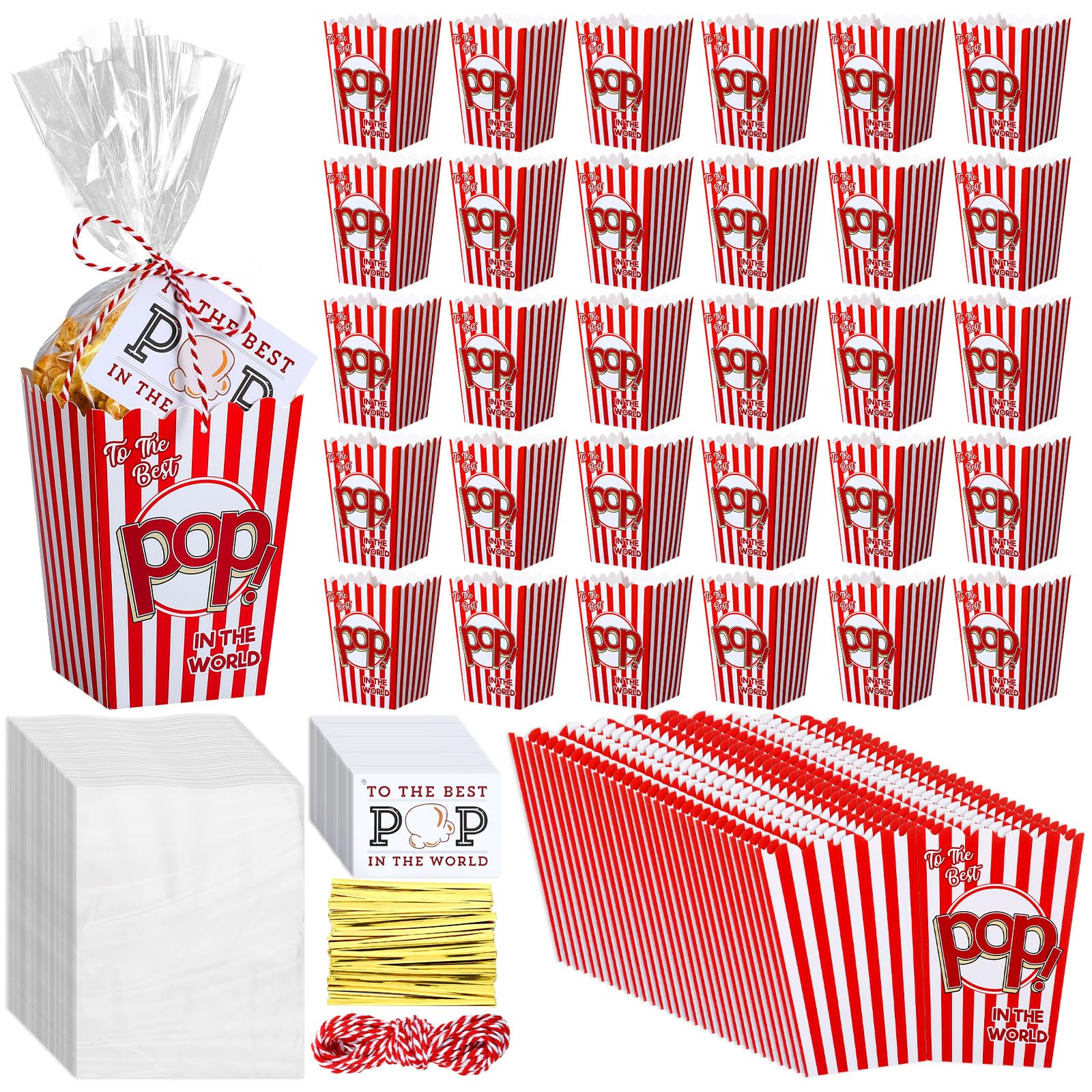 Teenyyou 30 Set Father's Day Popcorn Boxes Best Pop Ever Treat Bag Popcorn Gift Tag with String Funny Dad Gift for Father's Birthday Party-image-46