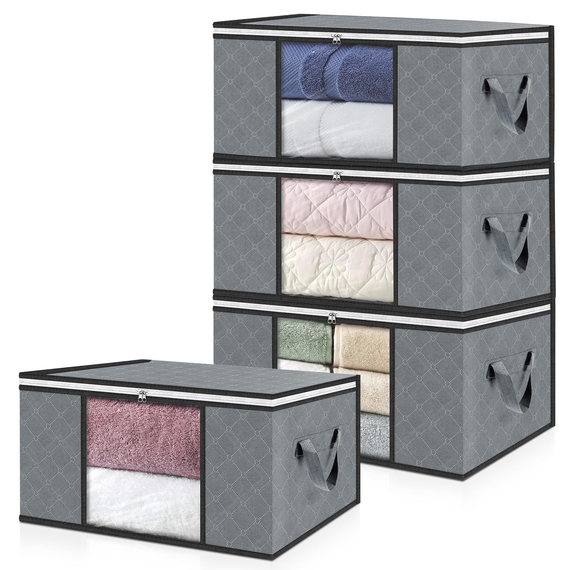 Cajas para Almacenaje de Ropa x 4【35L】 Bolsas Plegables con Ventana Transparente, Doble Cremallera y Asas Reforzadas, Organizador de Toallas, Edredones, Juguetes | Hasta 10 kg (Grey/Black)