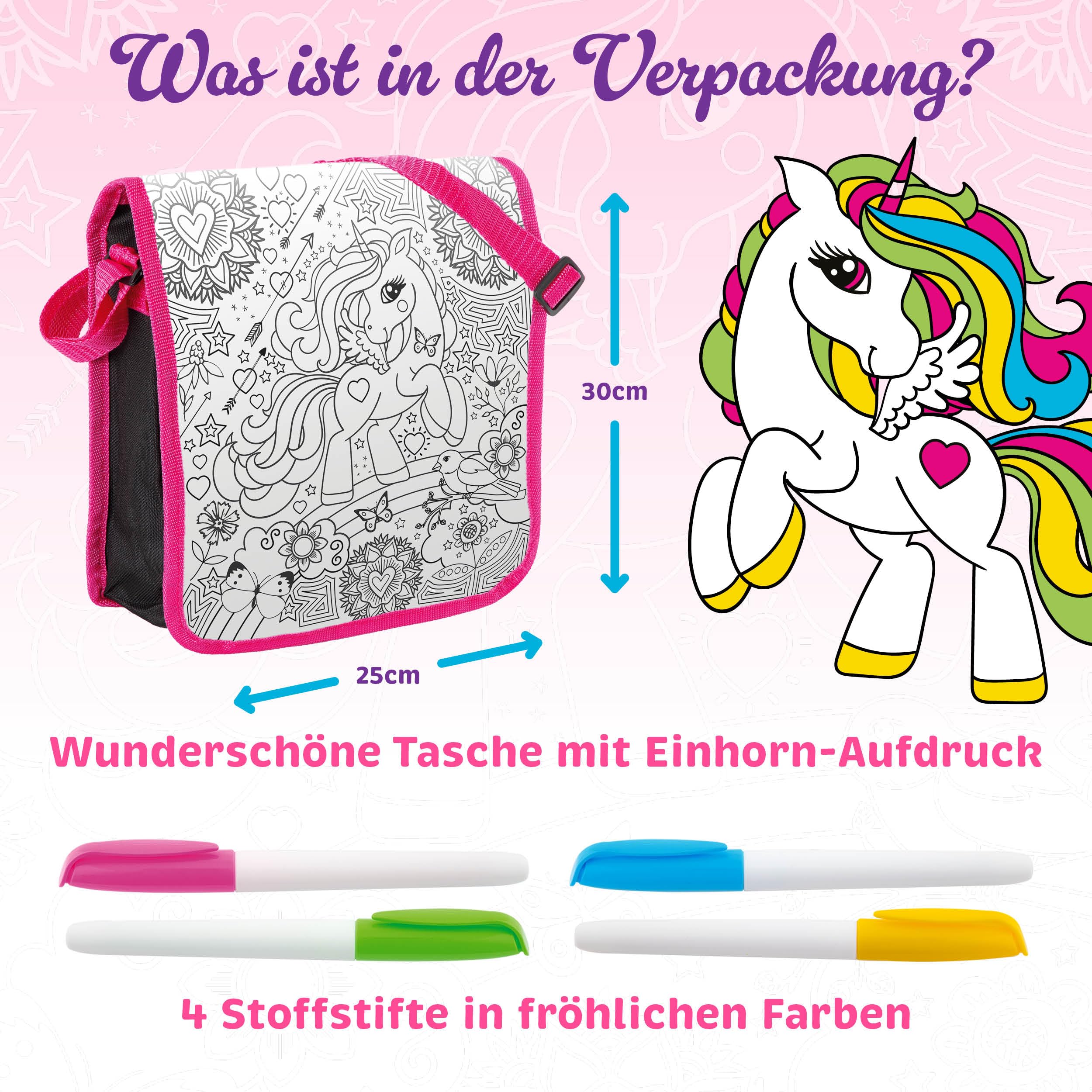 Grafix Einhorn-Taschen-Set zum selber Ausmalen | Ideal für Mädchen ab 6 Jahren | Einhorn-Spielzeug und Basteleien in einem! | Bemalen Sie Ihr eigenes Taschenset | Kreative Handtasche für Kinder
