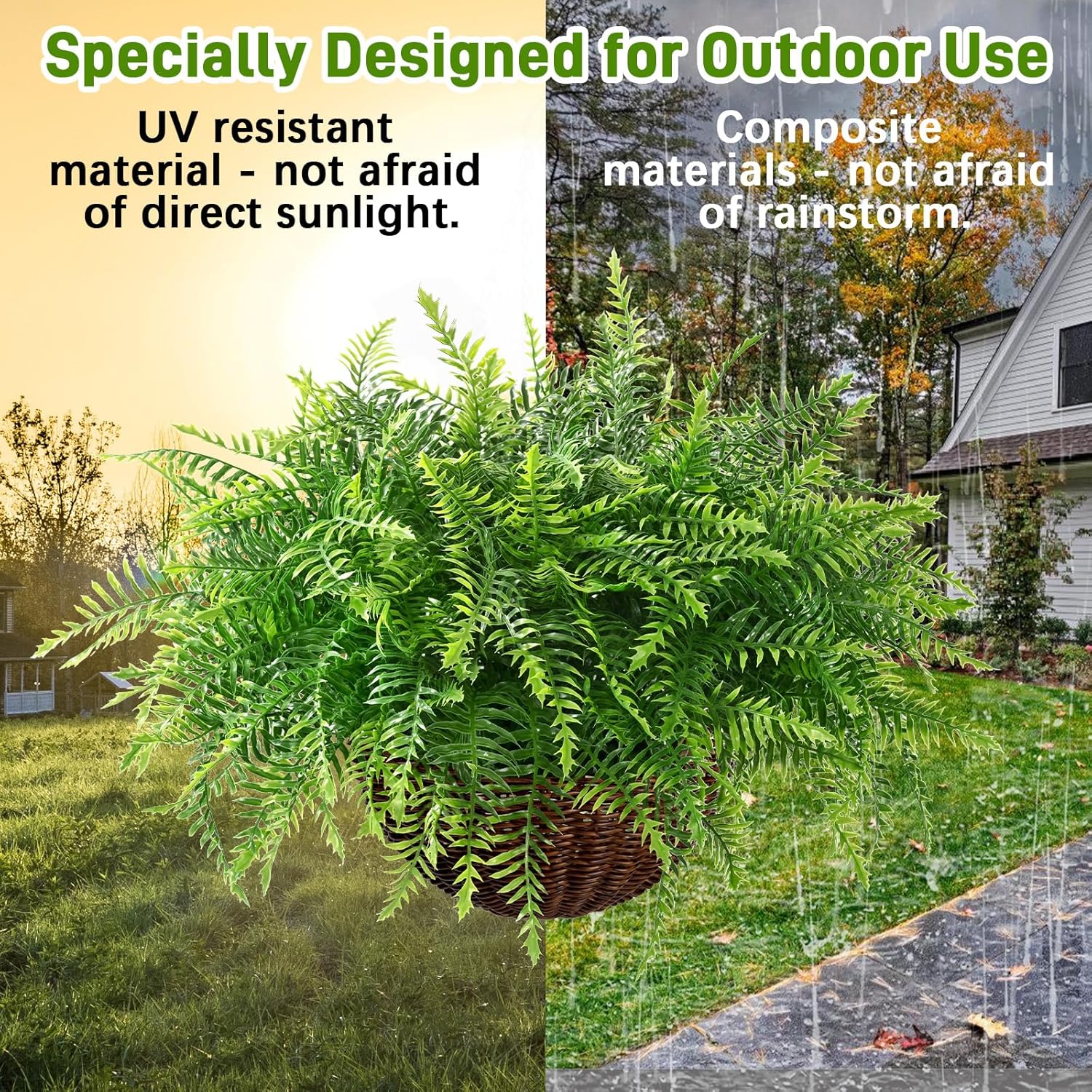 Waipfaru Fake Hanging Fern Plants Outdoor - 2 Pack UV Resistant Artificial Outdoor Hanging Plants, Realistic Faux Greenery Fern for Patio Front Porch Garden Home Decor