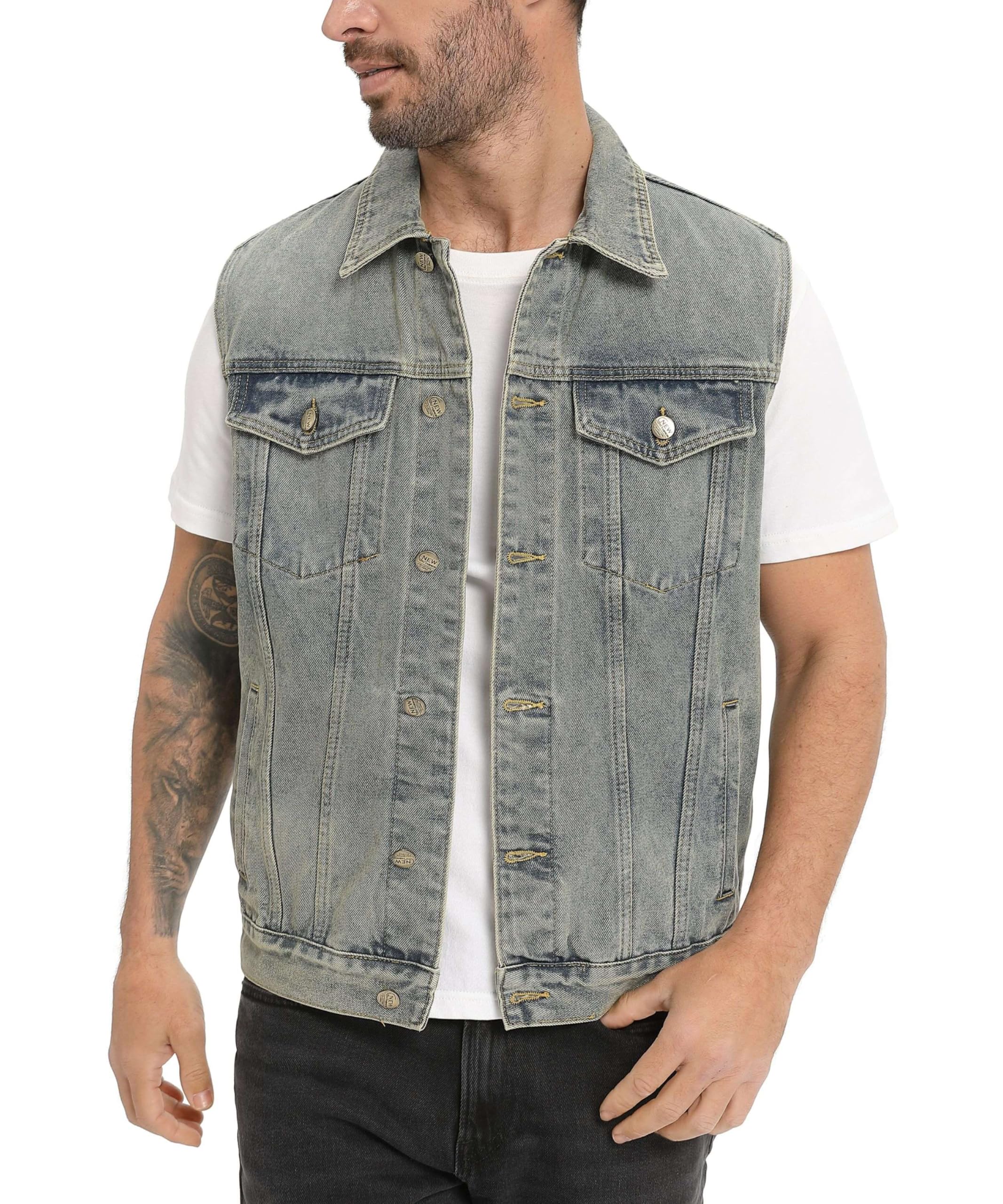 Homme Gilet en Denim Veste Décontractée Vintage Denim Gilets de Coton Revers Classique Rétro Jean Gilet Sans Manches Manteau de Moto