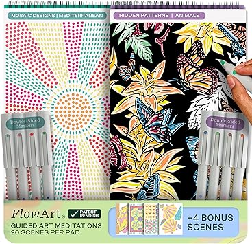 Lifelines FlowArt Activity Pad, 2-Pack - Guided Art Meditations with Markers - Mediterranean Mosaic Designs & Animal Hidden Patterns - Coloring Books for Teens, Adults & Seniors