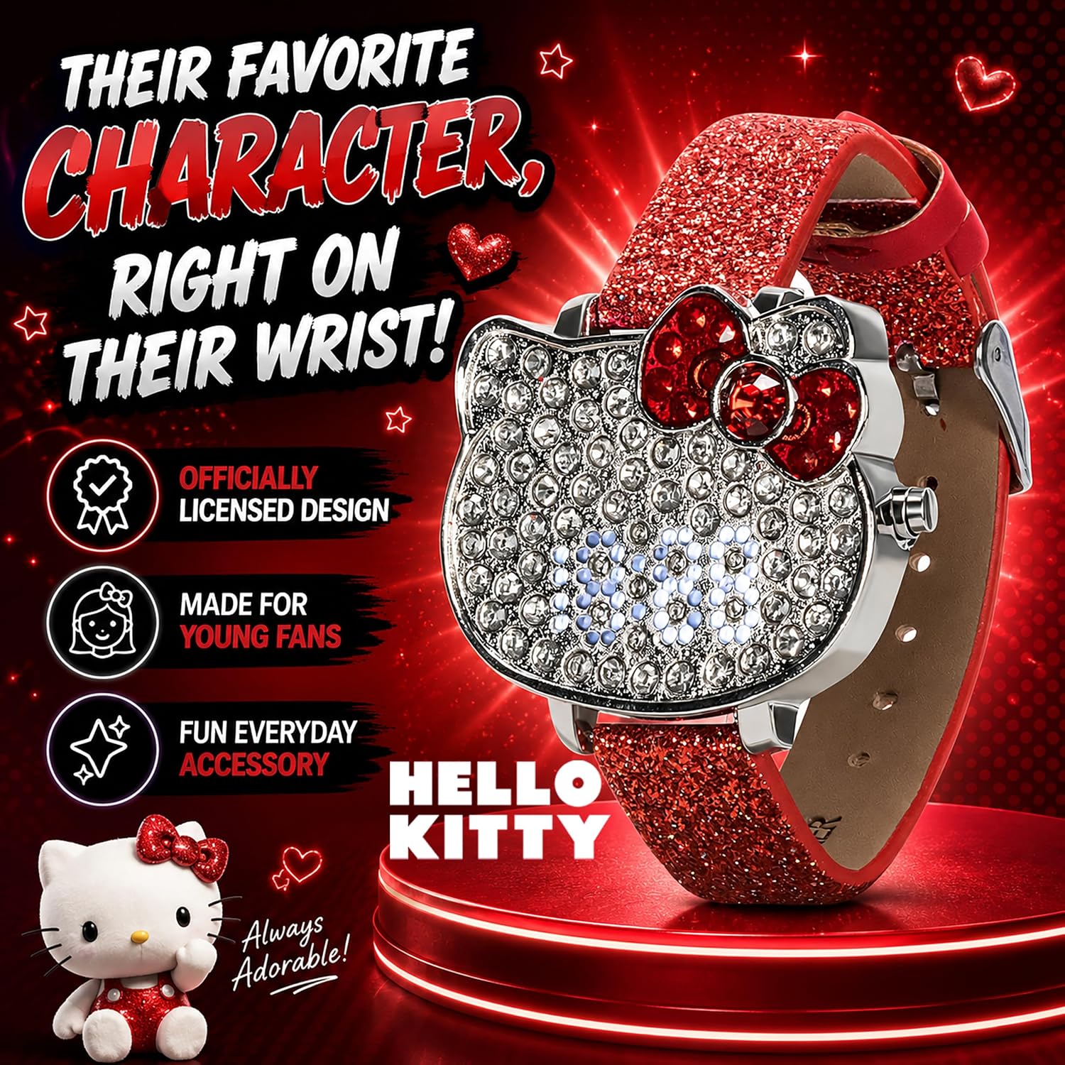Hello Kitty Girls LED Digital Watch with Crystal Face and Red Glitter Strap