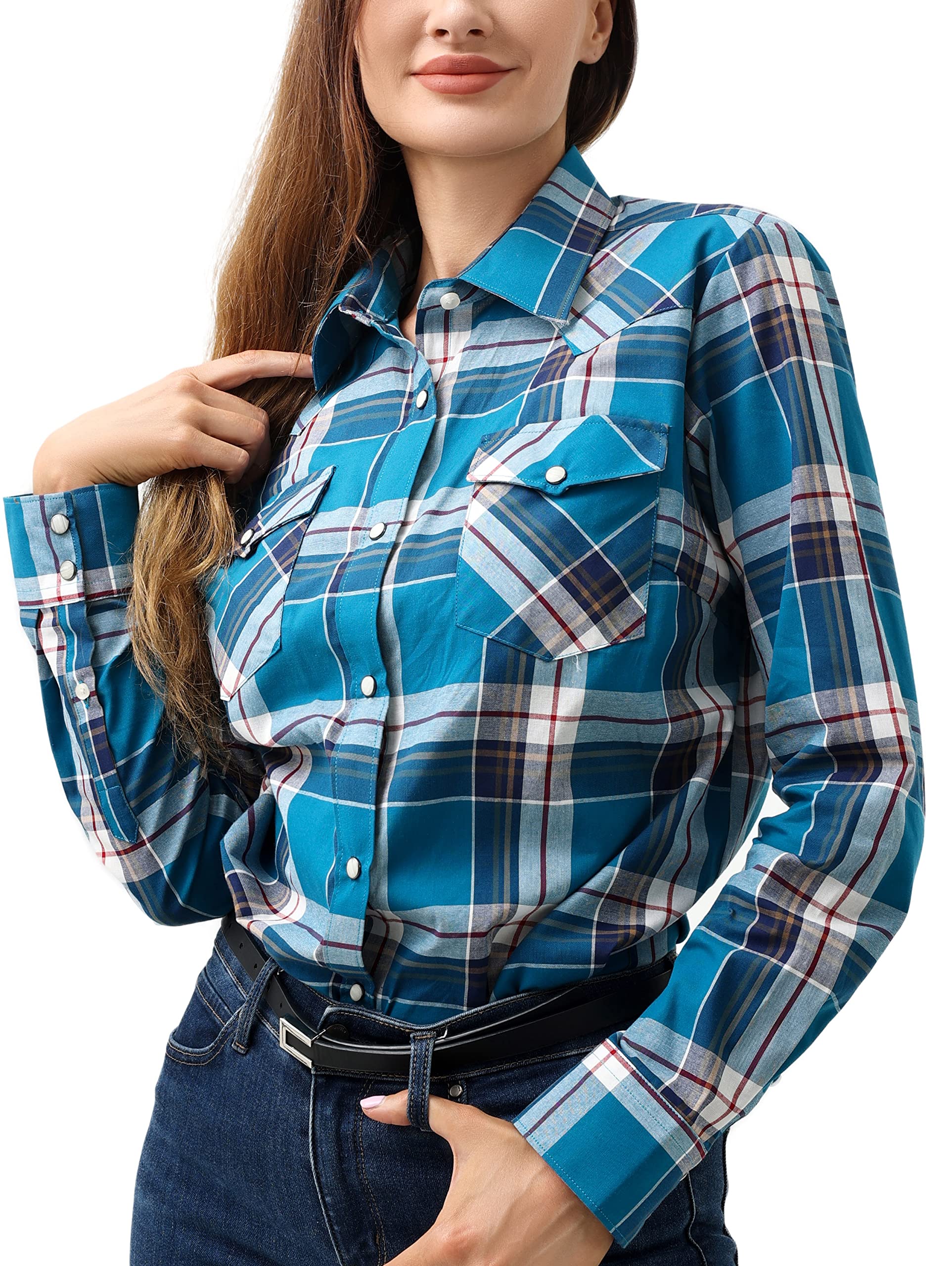 PASHARTUK Western Shirts for Women Cotton Long Sleeve Shirts for Women with Snap Buttons Plaid Shirts for Women