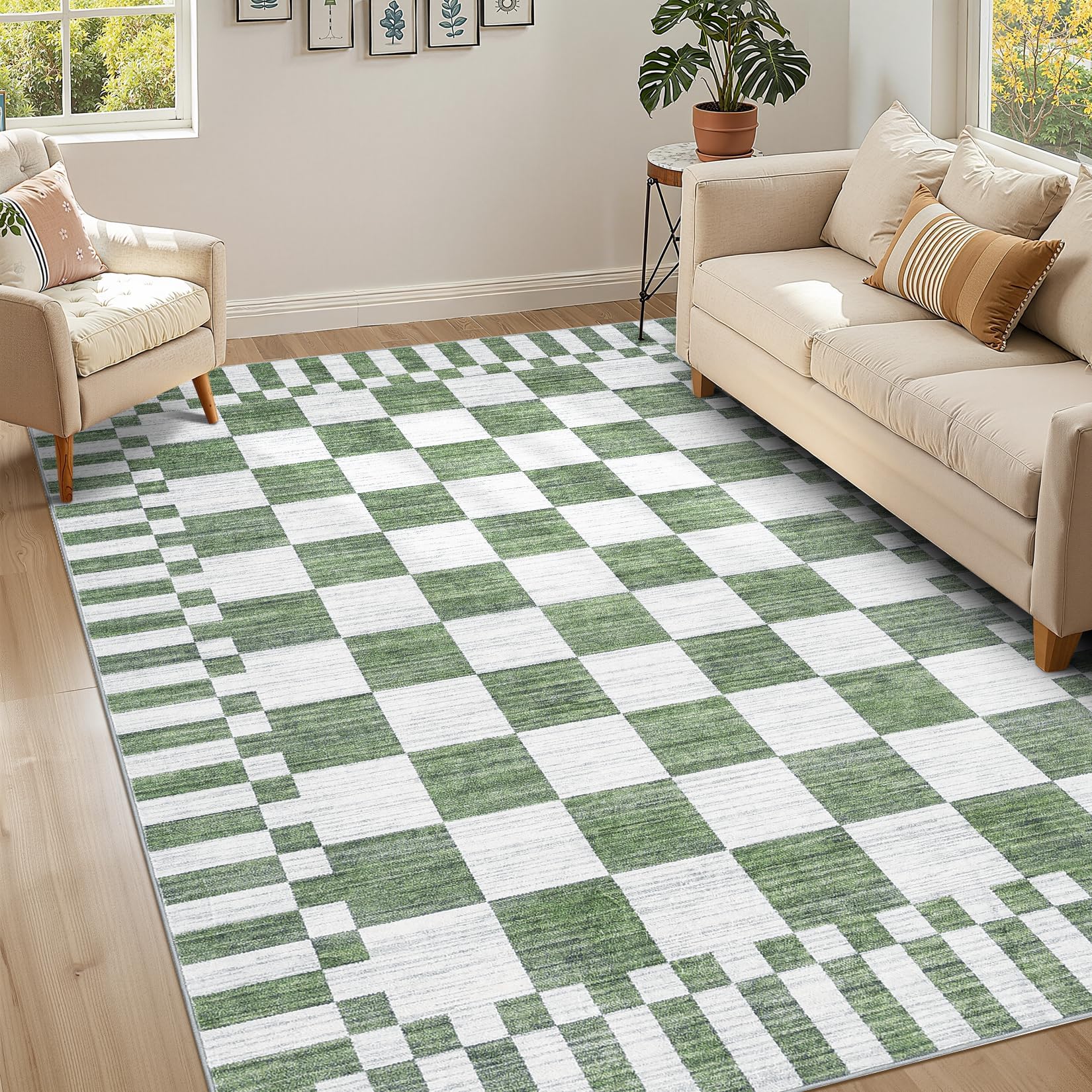 FairyStyle Checked Area Rug Washable Pea Green for Living Room 200 x 300 cm — image 1