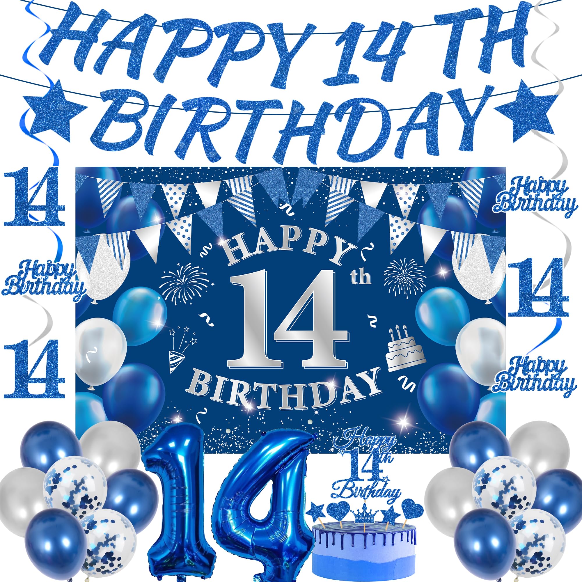 14th Birthday Decorations Boys Set - 31 Pcs Blue Silver Party Supplies with Happy 14th Birthday Banner Cake Topper number 14 Foil Balloon Latex Balloons and Backdrop for 14 Year Old Party Decor — image 1