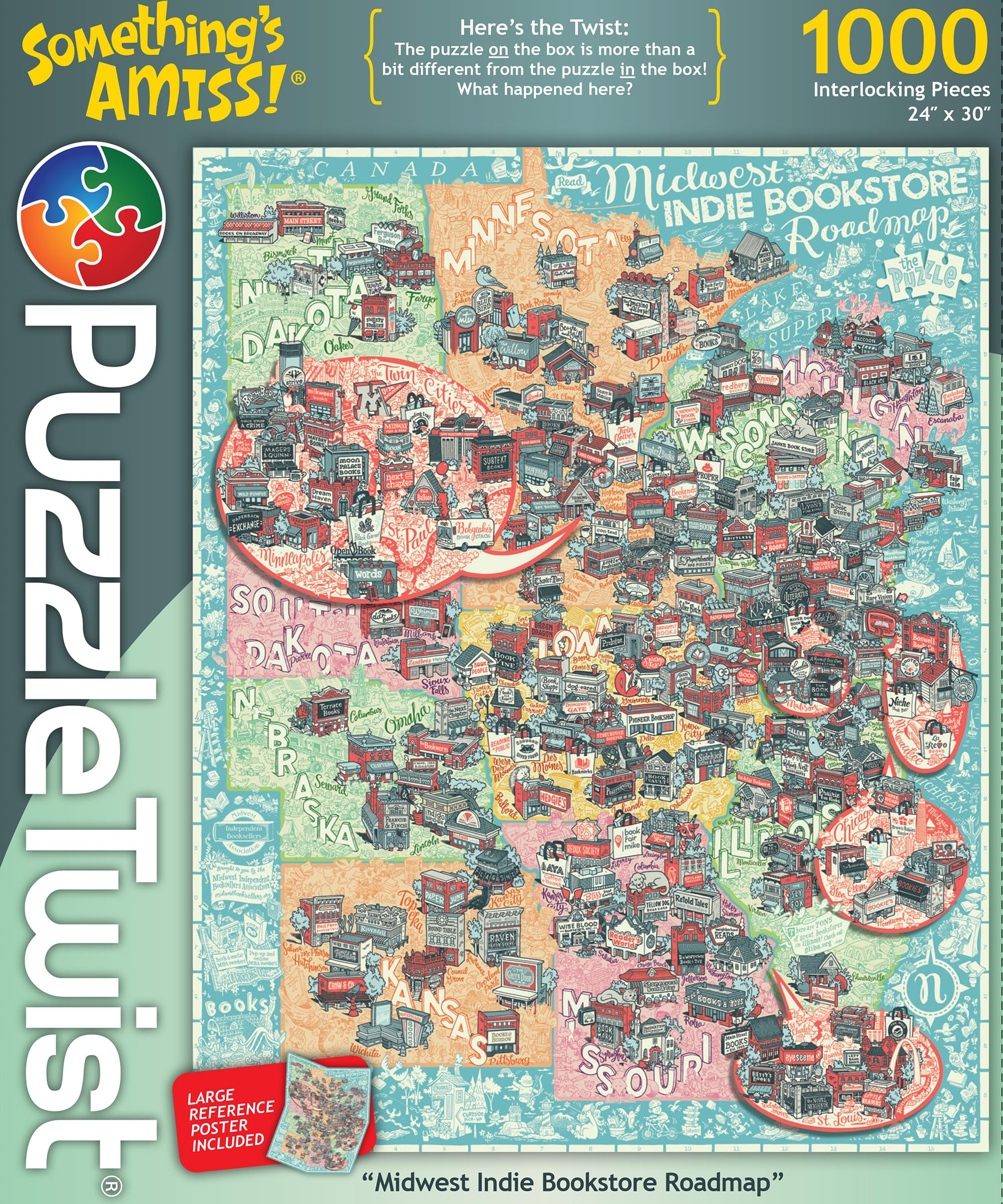 PuzzleTwist - Midwest Indie Bookstore Roadmap - 1000 Piece Jigsaw Puzzle, Something's Amiss! Series, Unique Challenging Fun for Adults Family Teens, Made in USA