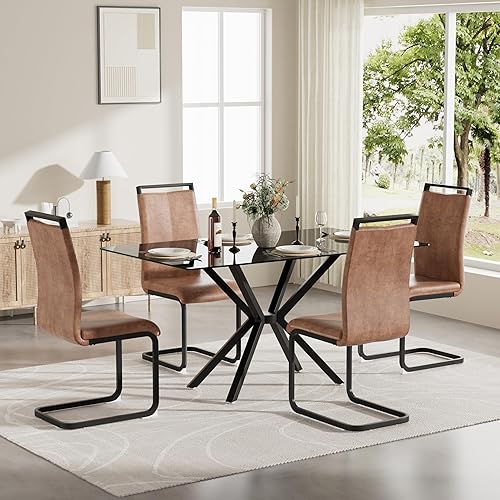 Miniatura 8 de Juego de comedor moderno de 5 piezas de 47 pulgadas, mesa de vidrio templado transparente + 4 sillas de comedor tapizadas de cuero con respaldo alto