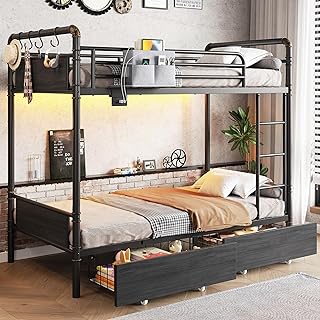 Metal LED Bunk Bed Twin Over Twin with 2 Storage Drawers, USB Charging S...