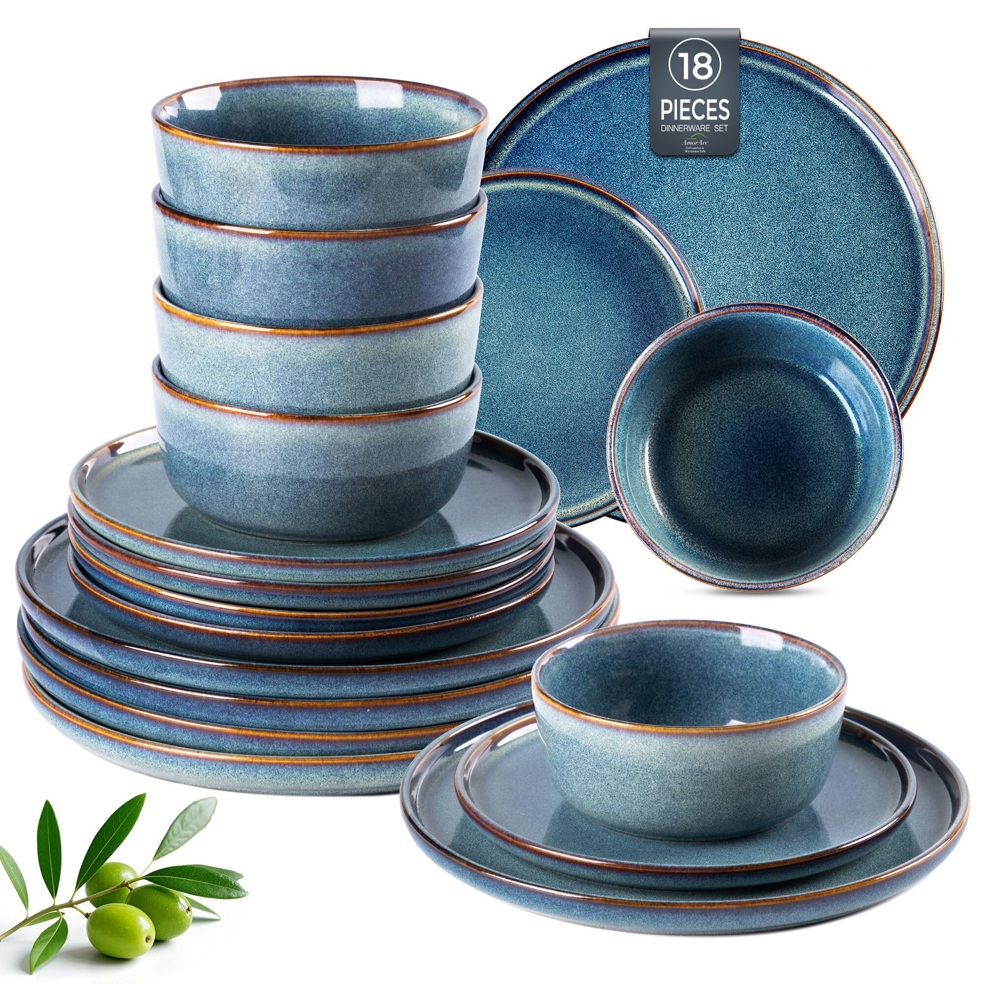 AmorArc Ceramic Dinnerware Sets for 4,Round Reactive Glaze Stoneware Plates and Bowls Set,Highly Scratch Resistant Dishware | Dishwasher & Microwave Safe Dishes Set,Service for 6 (18pc)
