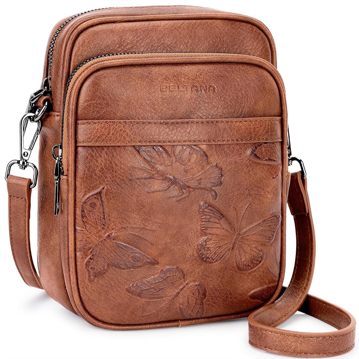 BELTANA Small Crossbody Bags for Women, Lightweight RFID Cell Phone Purse | Soft vegan leather, butterfly pattern, adjustable strap, triple compartments, perfect for travel & daily use, gift for women