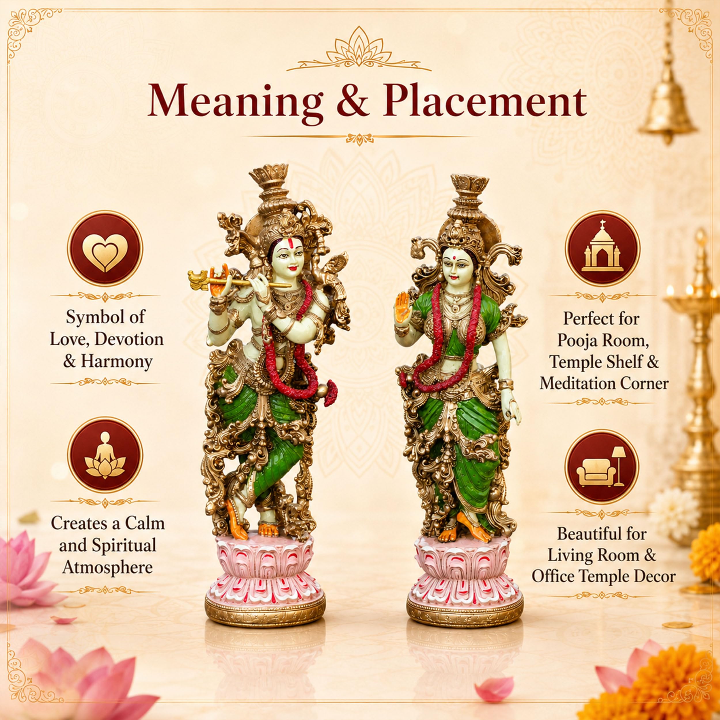 Radha Krishna Idol Pair for Home Mandir Pooja Room Decor | 14 Inch Hand Painted Lacquer Coated Statue Set | Premium Spiritual Showpiece for Living Room Office Temple Wedding Gift (Lotus) — photo — 8 of 8