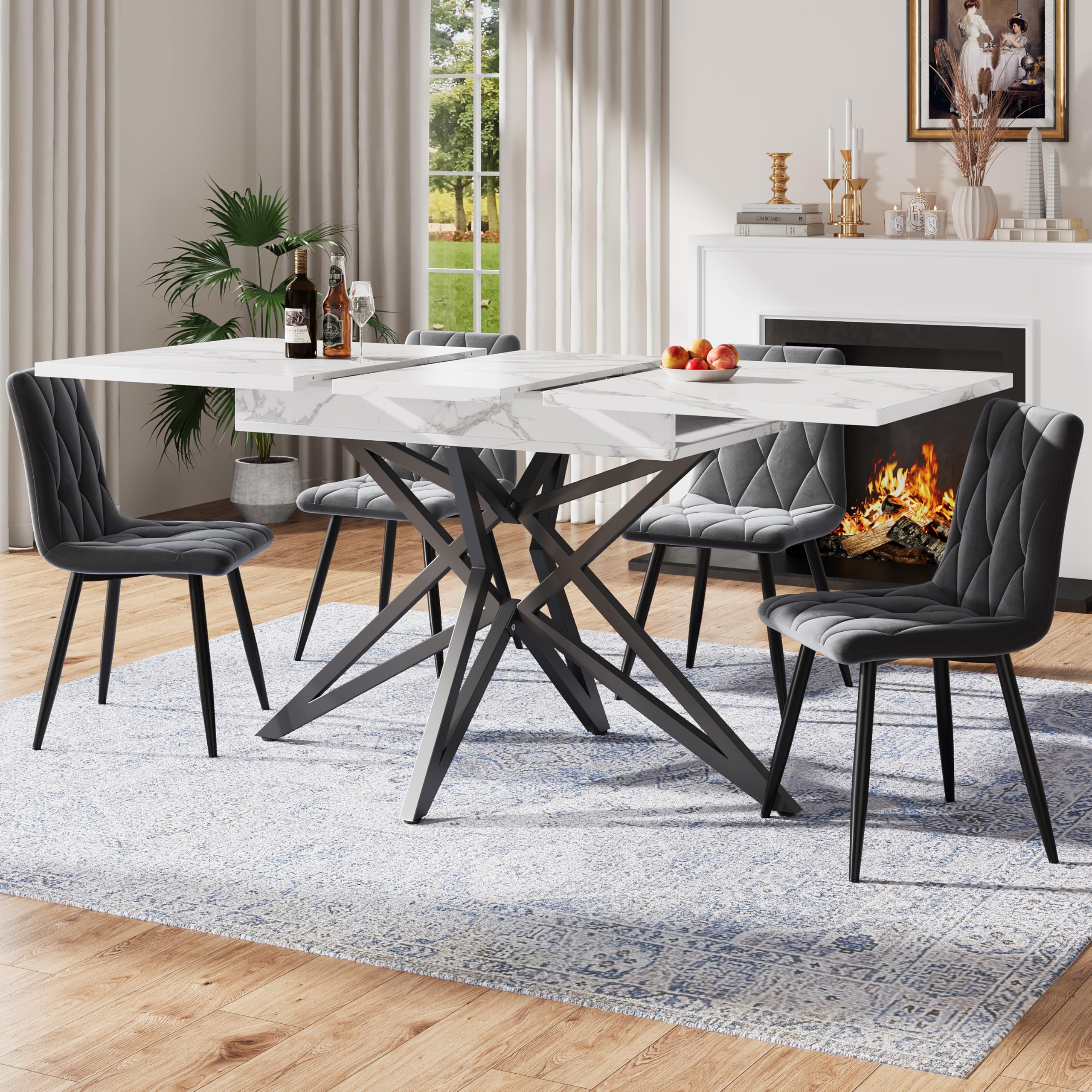 Bladez Set da pranzo allungabile con 4 sedie in velluto, tavolo da pranzo, tavolo rettangolare, 120-160 cm, tavolo in legno, moderno, per 4-6 persone, per sala da pranzo (marmo bianco)