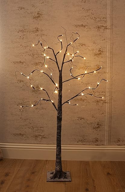 Marco Paul Christmas 120cm Rustic Luxury Christmas Tree Brown Twig Birch Pre-lit With 48 Warm White LED Lights & Snow Effect Tree Branches Indoor Outdoor Light Up Festive Décor