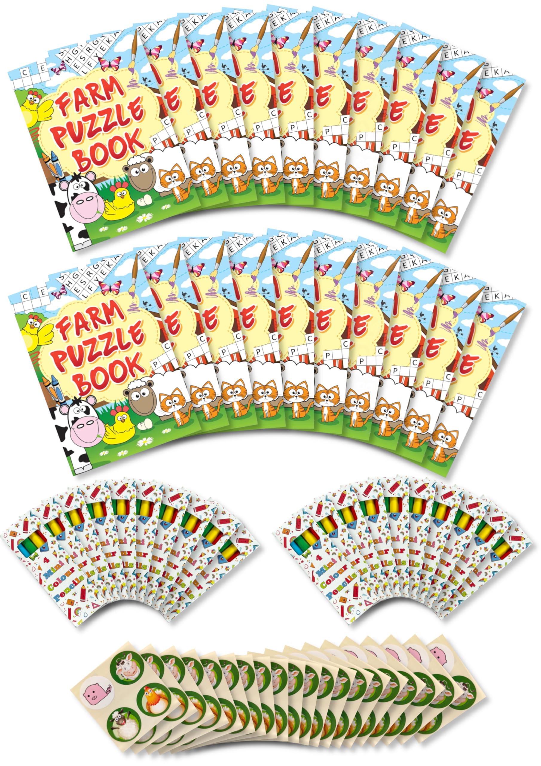 Anila's Assortment of 20 Farm Themed Activity Books with colouring & Puzzles, 20 Sheets of Stickers & 20 Pencils, Children Birthday Party Favours Bag Fillers, School Classrooms. — image 1