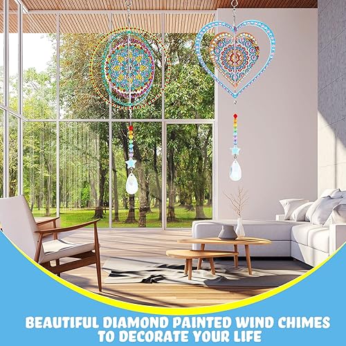 Miniatura 7 de Juego de 2 piezas de pintura de diamantes 3D para campanillas de viento, pintura tridimensional por número, adorno colgante de carillón de viento de
