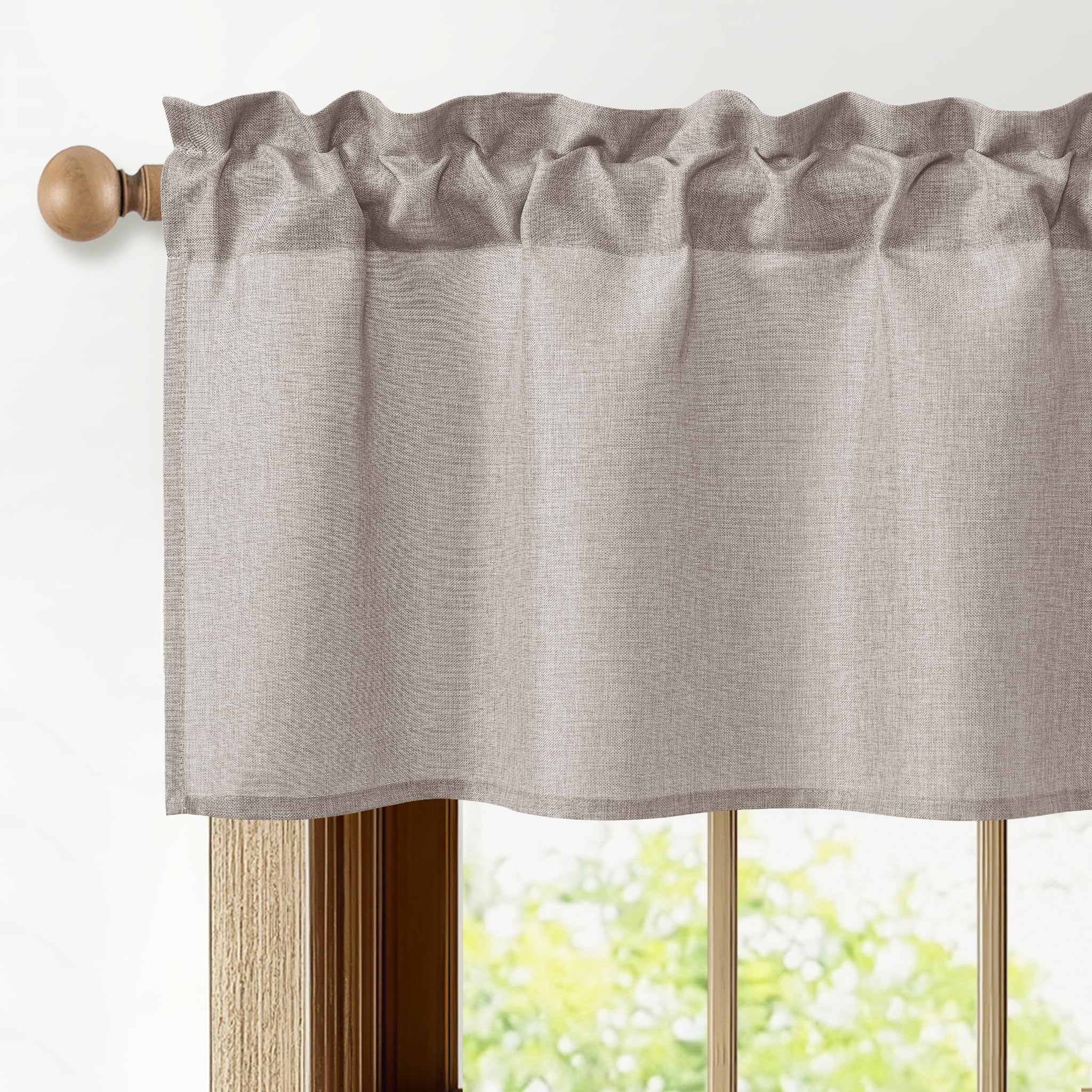JIUZHEN Faux Linen Valance Curtains - Light Filtering Short Window Treatment with Rod Pocket, Farmhouse Valances for Kitchen Living Room Bedroom Bathroom, 42 x 12 Inch, 1 Panel, Stone - 3
