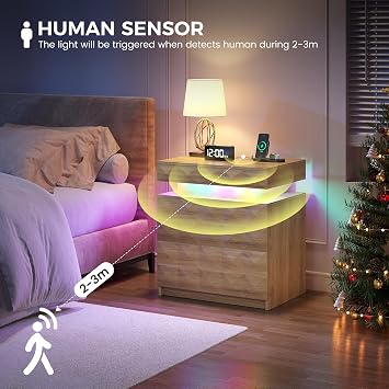 FREDEES RGB Bedside Table with Hidden Storage for Bedroom, Wood
