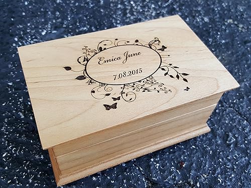 Custom engraved wooden music box, jewelry box, with your choice of name and date on top, color and song