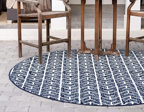 Miniatura 3 de Unique Loom Colección Outdoor - Alfombra Aston (8 pies, redonda, azul marinomarfil)