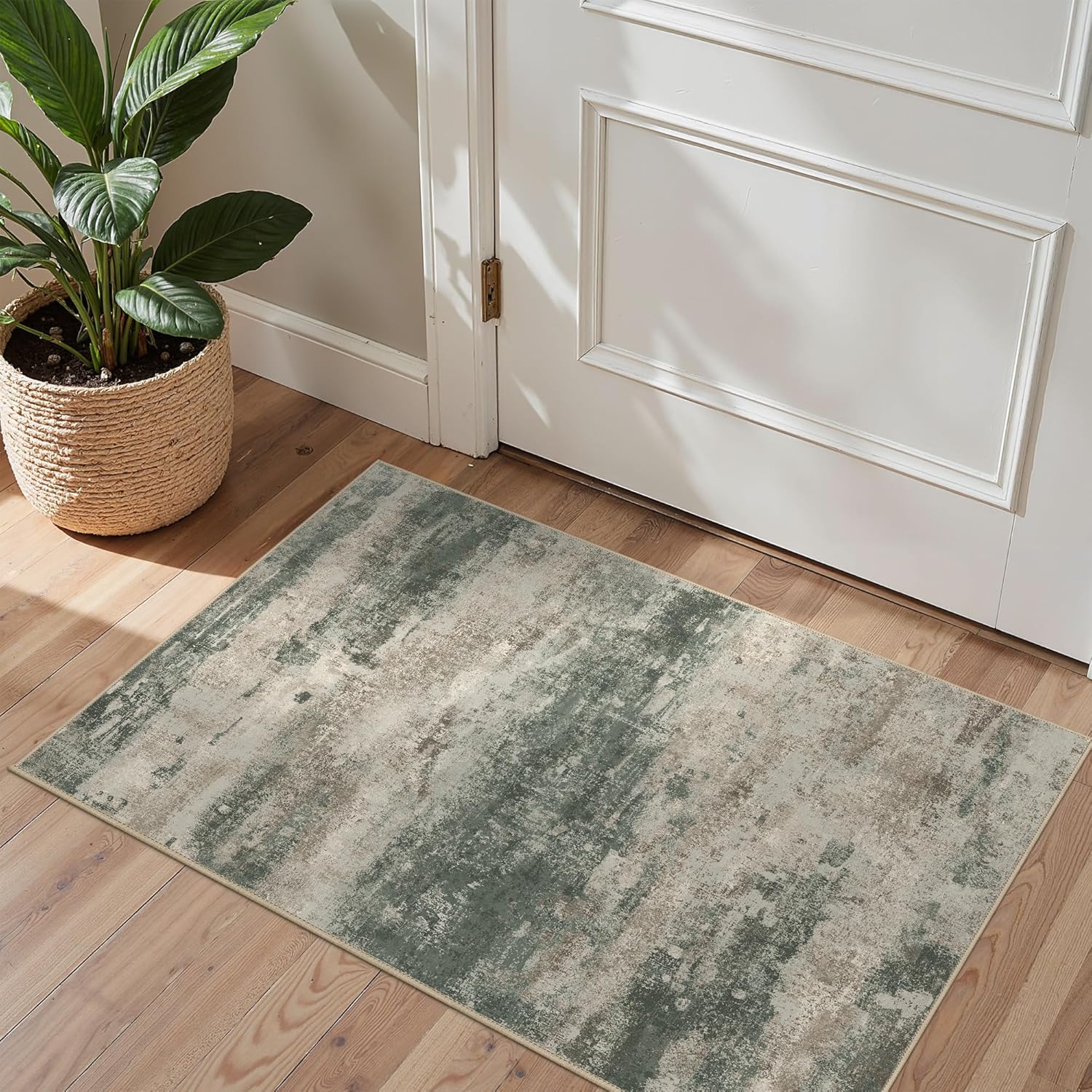 2x3 Rugs for Entryway Entrance Kitchen Bathroom, Machine Washable Modern Abstract Soft Area Rug, Indoor Floor Carpet with Non Slip Rubber Backing, Muted Green/Beige Muted Green/Beige 2' x 3' (Rectangular)
