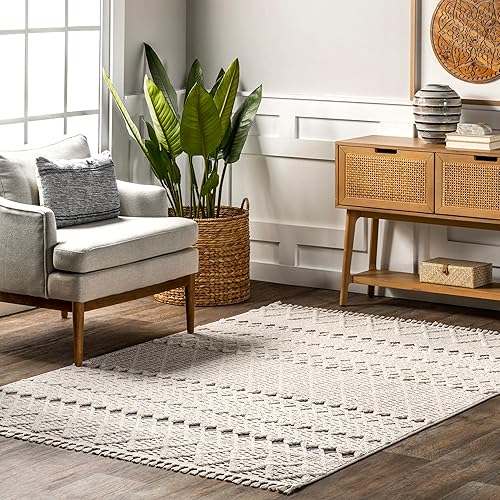 nuLOOM Elena - Alfombra marroquí con borlas altasbajas de celosía, 5 x 8, beige