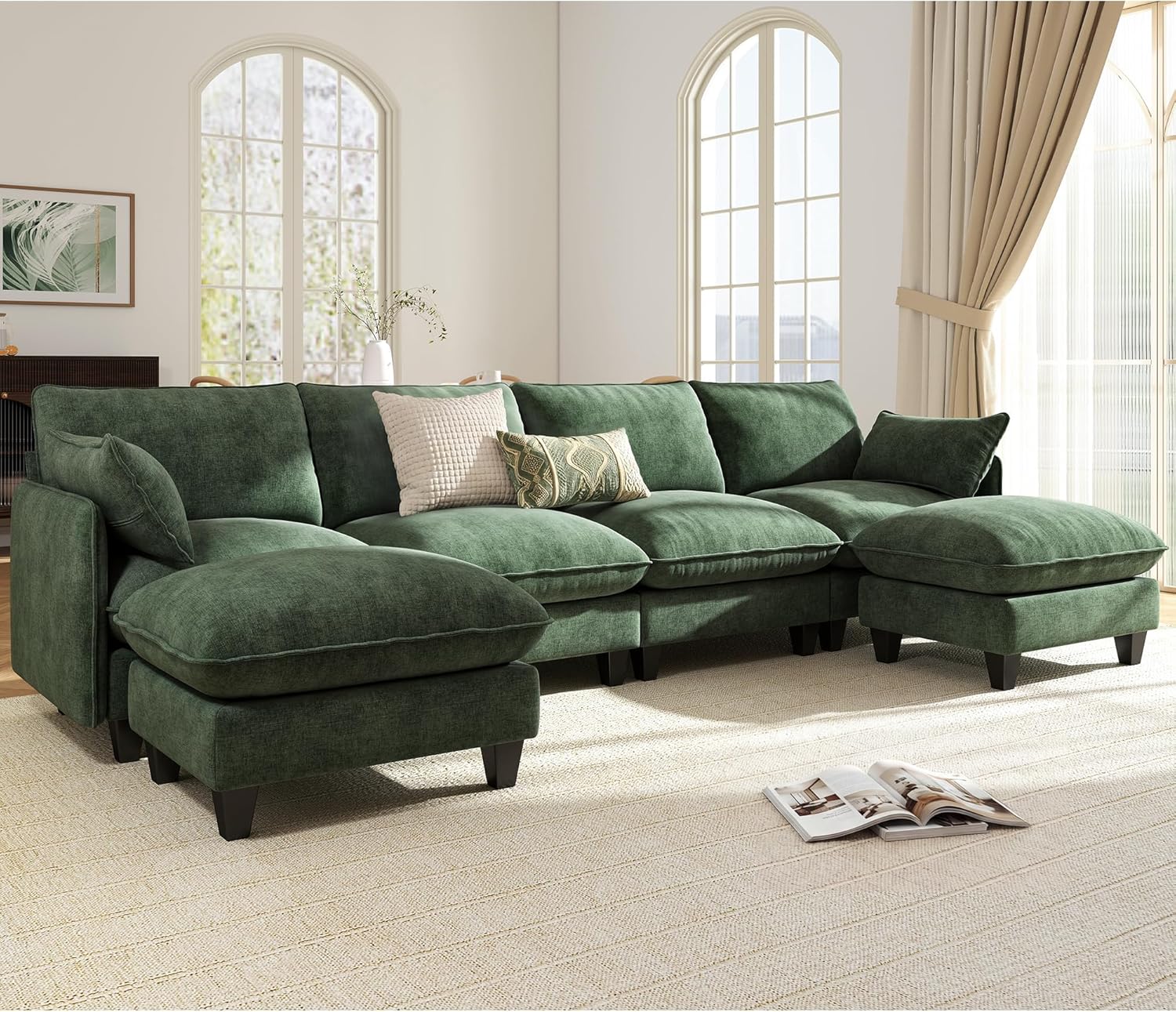 Ihanherry 139" U-Shaped Modular Sectional Couch, Oversized Cloud Sofa with Large Cushions & Movable Ottoman, Chenille Deep Seat Sectional for Living Room, Green | Modular Design, Large Cushions, Deep Seat, Premium Chenille, Spacious Seating
