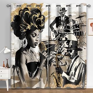 American Woman Jazz Music Curtains African Black Girl Singing Jazzist Band Blackout Curtain Afrocentric Black Gold Modern Art Treatments for Music Room Bedroom 4284inch 2Panel HI028DX