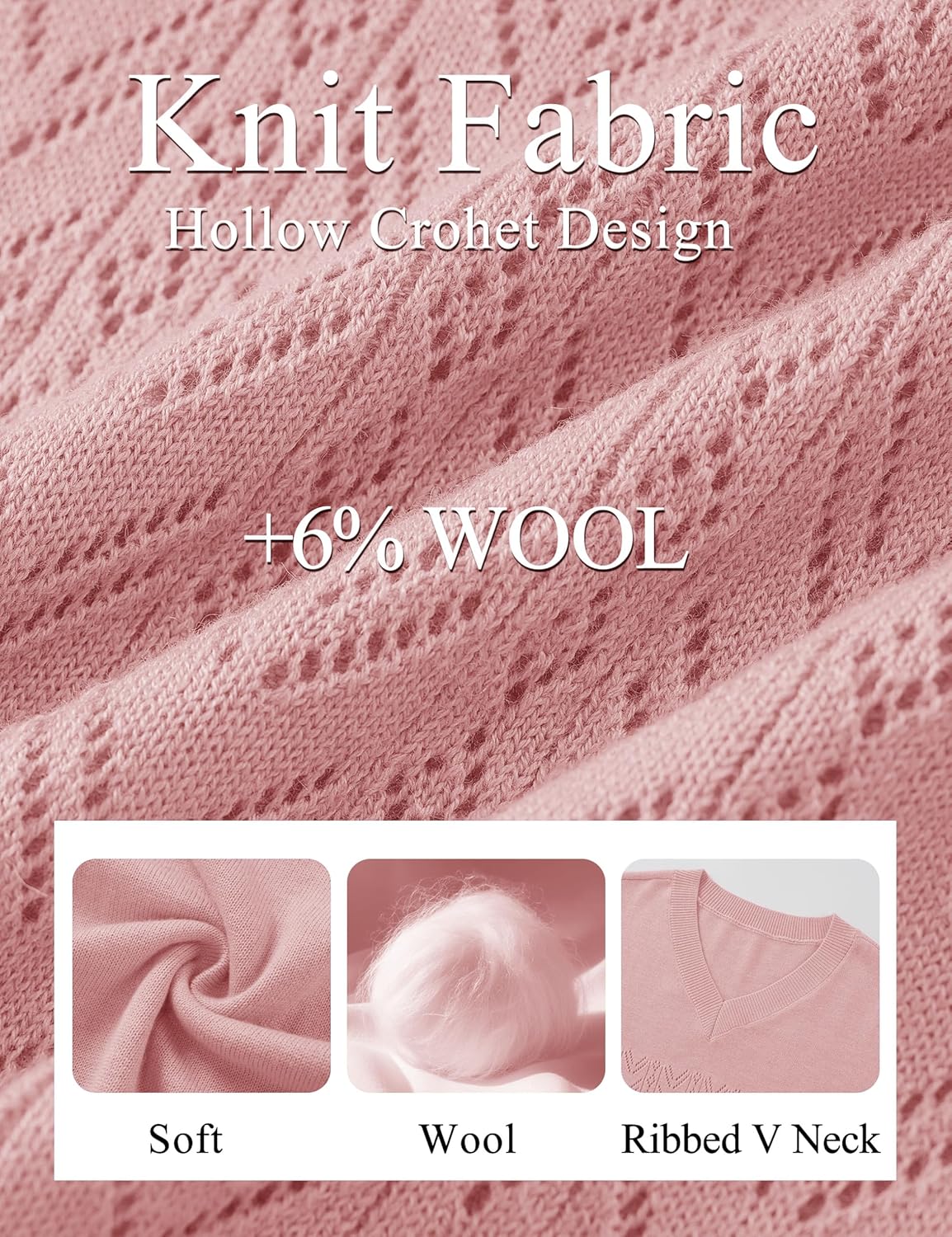 YUCOLEN Women's Wool Hollow Out Sweaters Long Sleeve Crochet Pullover V Neck Sweater Lightweight Knit Tops - Image 5
