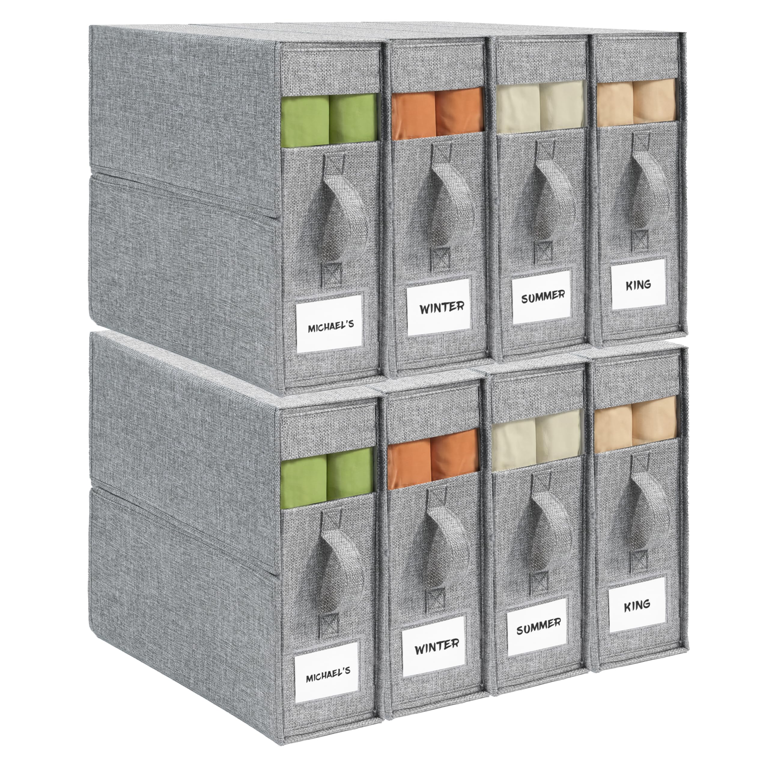 8 Pack Sheet Storage Organizer (King & Queen Size) with handle, Foldable Sheet Set Organizer for Linen Closet, Sheet Organizer for Blanket, Coverlet and Towel, Grey