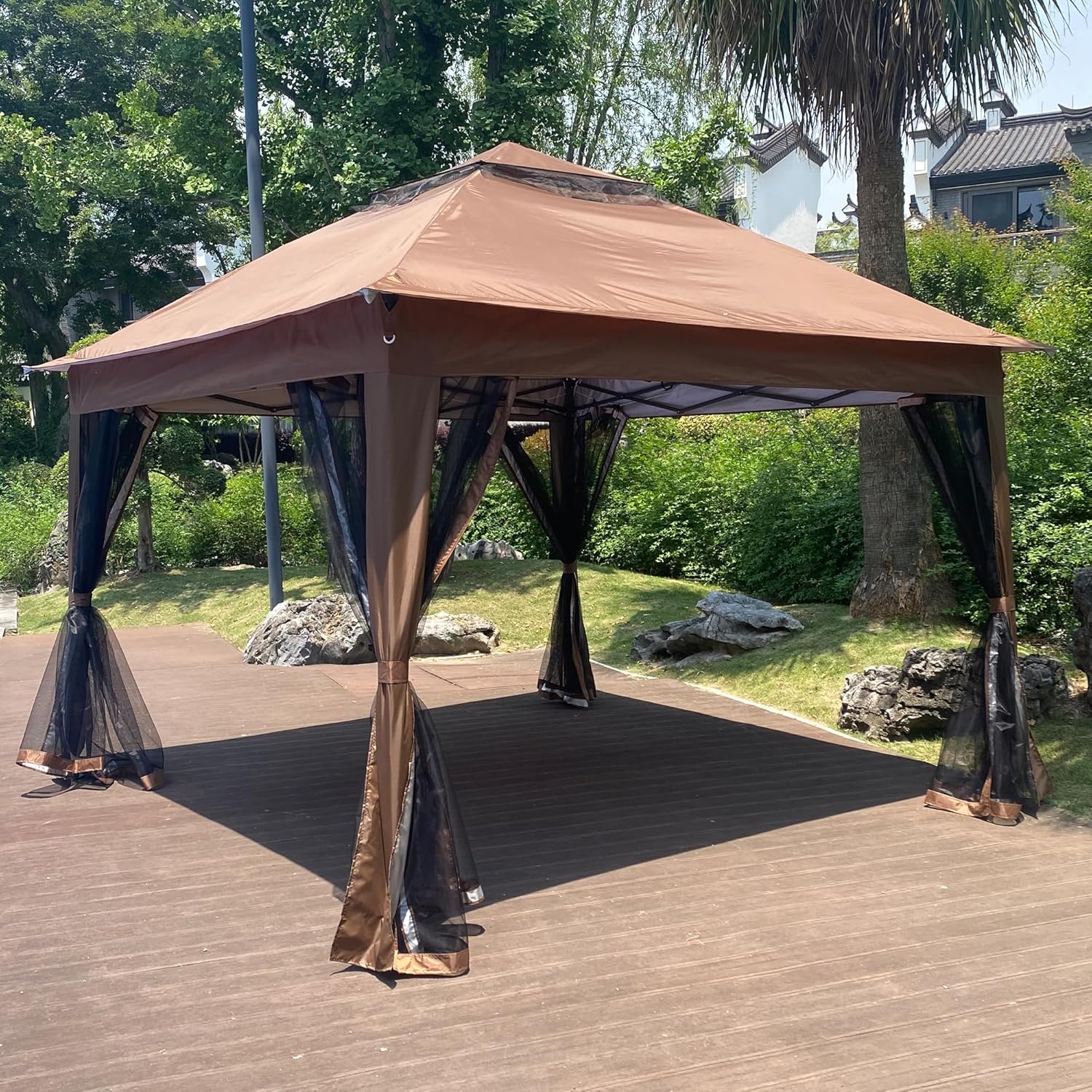 11x11Ft Pop Up Gazebo Canopy with Removable Zipper Netting | 2-Tier Soft Top Outdoor Event Tent for Patio, Backyard, Garden & Camping | Quick Setup, Weather-Resistant Shelter (Brown)