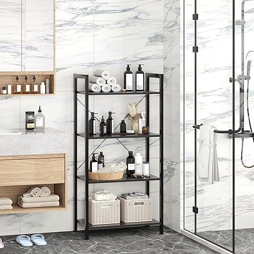 Miniatura 6 de VERMESS Estantería industrial, estantería negra de 4 niveles de 24 pulgadas, estantería de madera con estantes abiertos, estantes rústicos de pie