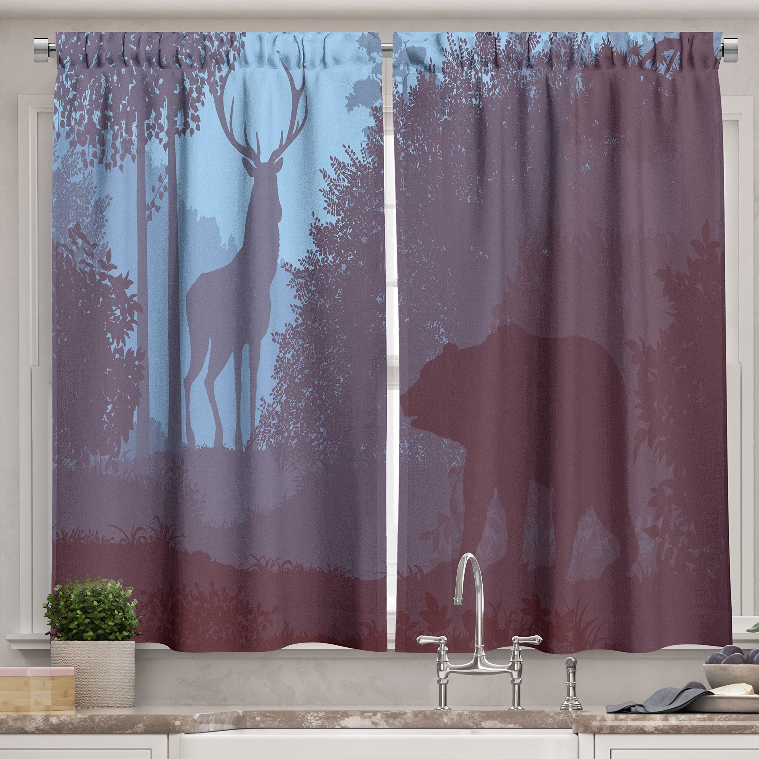 Ambesonne Cabin Kitchen Curtains, Grizzly Bear and Antler Mysterious Woodland Smoky Jungle Fauna Landscape, Window Drapes 2 Panel Set for Kitchen Cafe Decor, 55" X 39", Sky Blue Dried Rose
