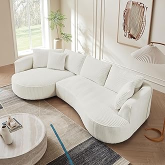 Luxury Left Facing Cloud Couch Oversized 6 Seats Curved Sectional Sofa, Modern Corduroy Upholstered Sofa Couch with Wide Lounge Chaise and 6 Pillows, Gorgeous Curved Sofa&Couch for Living Room