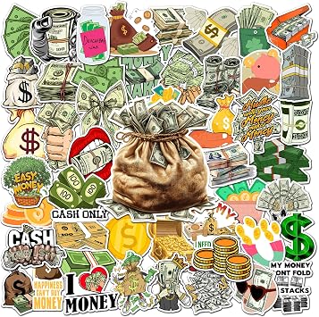 50 Pcs Money Vinyl Sticker Waterproof Gold Coin Stickers Funny Cash Decals for Water Bottle Laptop Phone Luggage Helmet Tablet Skateboard Scrapbooking Notebook Gifts for Adults Friends