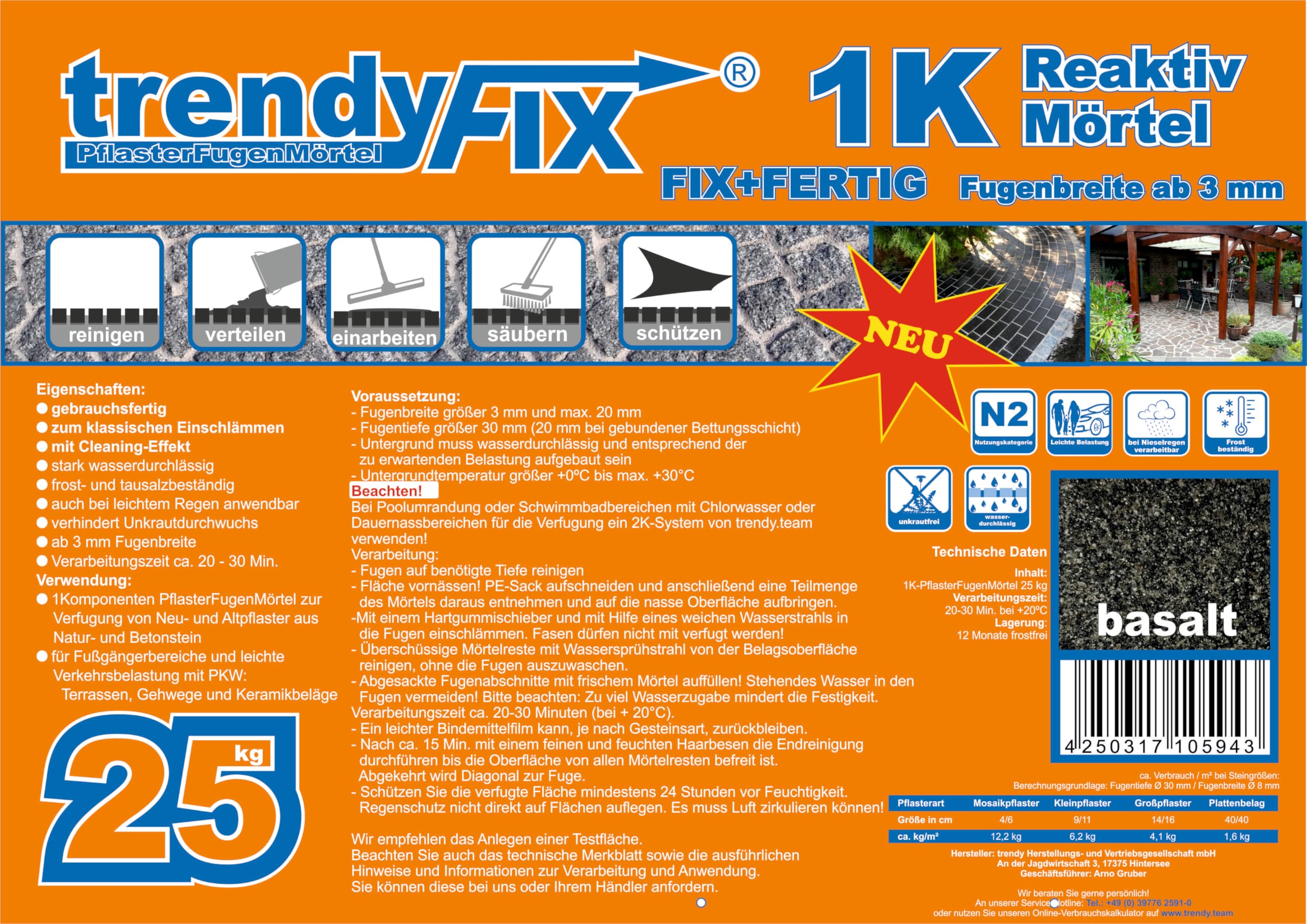 1K trendyFIX - Malta per fughe senza erbacce – 25 kg (basalto) 1K trendyFIX pronto all'uso FIX+Fatto | Malta reattiva