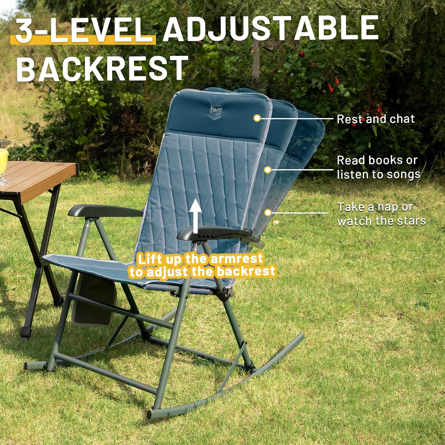 Timber Ridge 3-Level Adjustable Rocking Camping Chair, Ergonomic Padded High Back, Supports 300 LBS, Stable Anti-Tip Rocker, Hard Armrests for Easy Standing, Portable for Patio, Lawn & Tailgating