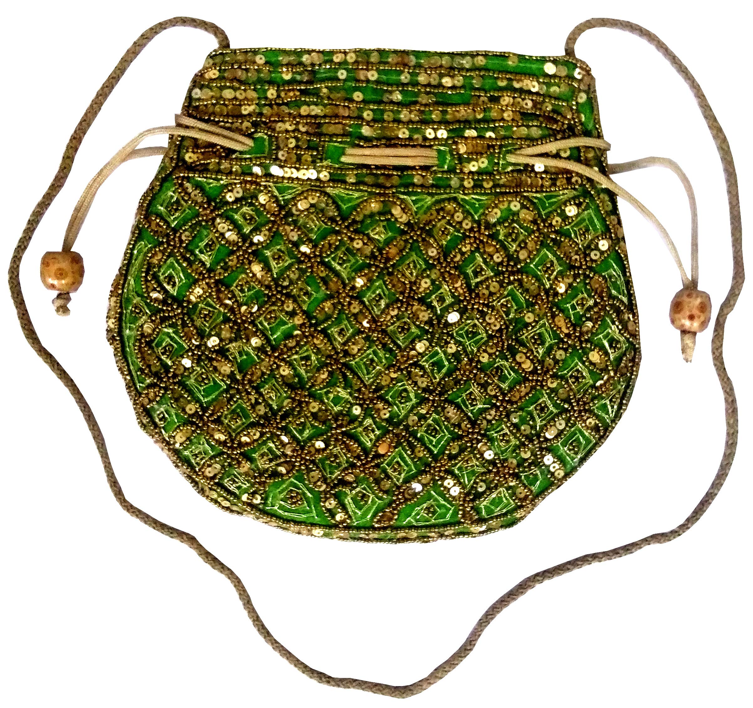 Purpledip Potli Bag (Drawstring Purse): Gold Thread Sequin Embroidery, Green (11805) 1