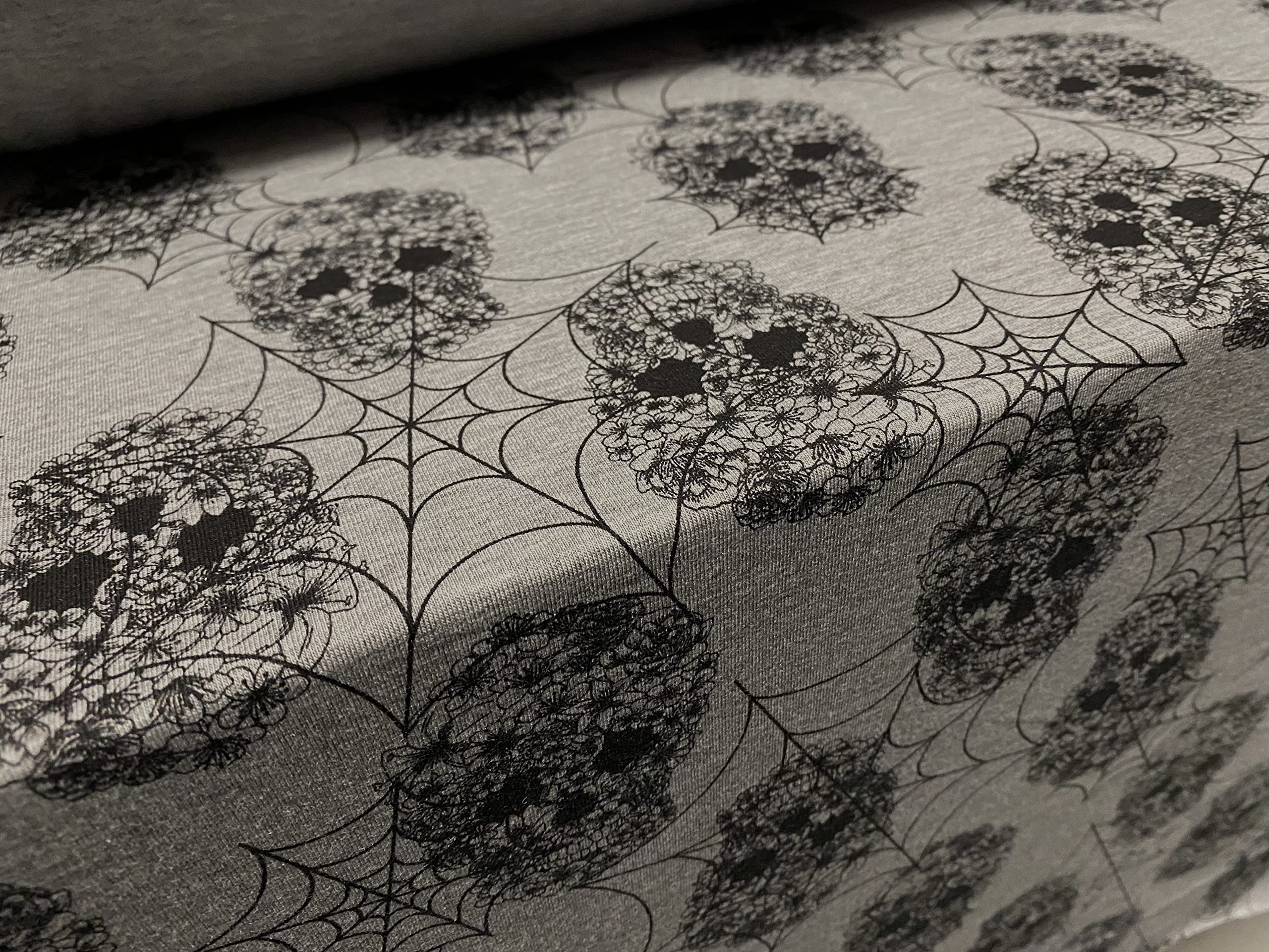 Single Jersey Fashion Fabric, per metre - Flowers and Skulls Print - Grey Marl