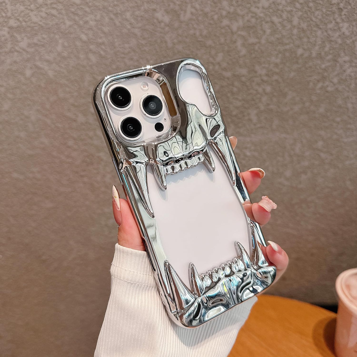 Gothic 3D Hollow Horror Devil Pattern Case for iPhone 16 Pro Max, [Luxury Chrome Color Plating] [Heat Dissipantion Thermal Design] Shockproof Bumper for Halloween- Silver - Image 3
