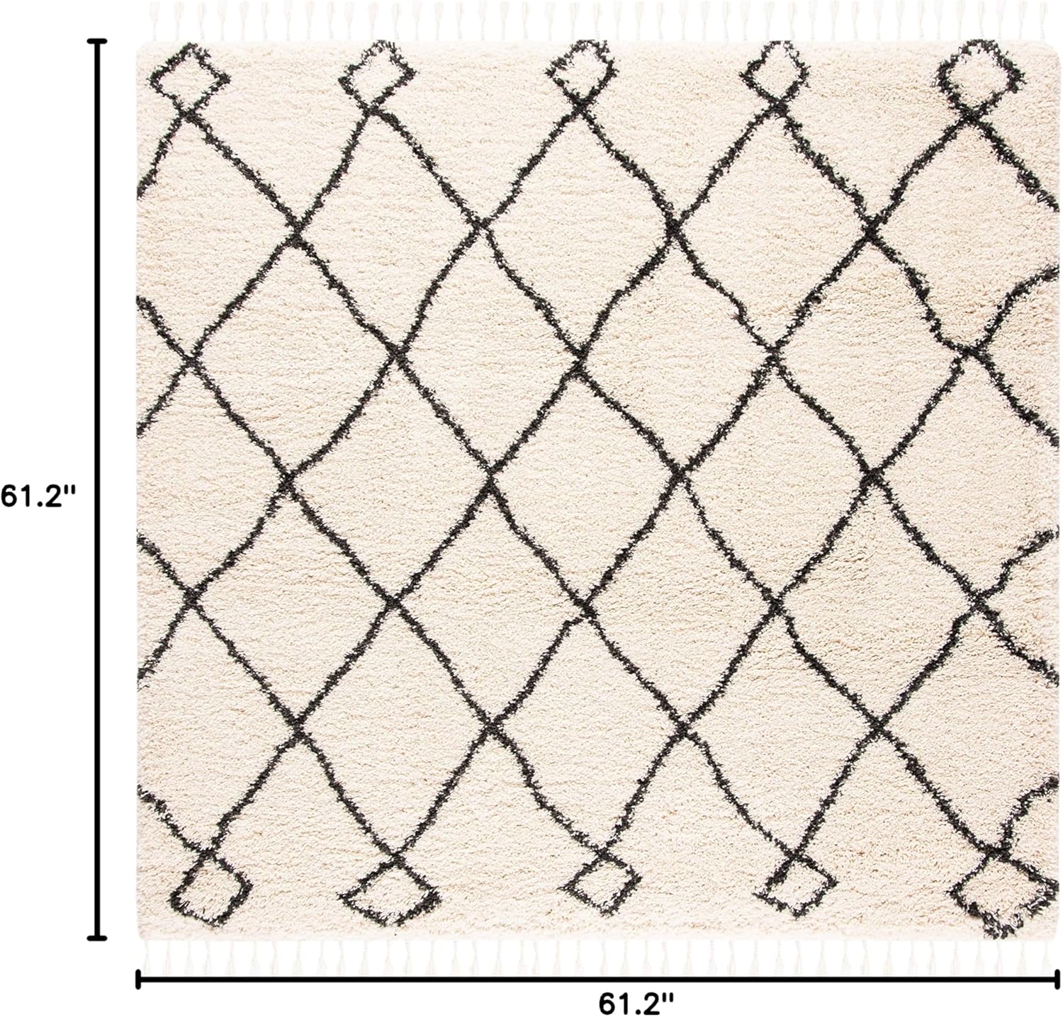 SAFAVIEH Moroccan Fringe Shag Collection Area Rug - 5'1" Square, Cream & Charcoal, Boho Trellis, Non-Shedding & Easy Care, 2-inch Thick Ideal for High Traffic Areas in Living Room, Bedroom (MFG241B)