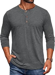 PEGENO Men's Fashion Casual Front Placket Long Sleeve Henley T-Shirts Cotton Shirts