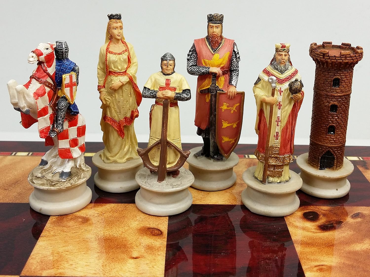 HPL Medieval Times Crusades Arabian vs Christian Knights Chess Set with High Gloss Cherry & Burlwood Color Storage Board, 17" - 2 Players, Age 8+