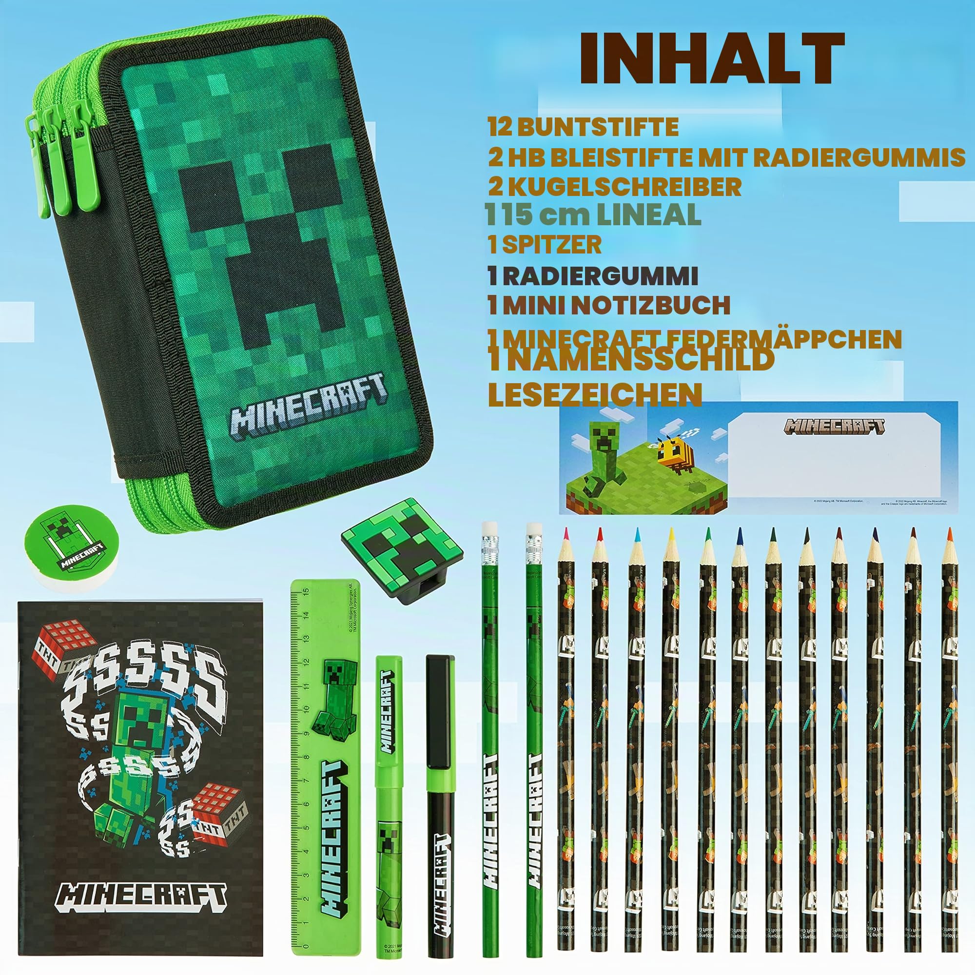Minecraft Federmäppchen Jungen und Mädchen Mäppchen Gefüllt Creeper Federmappe mit Schreibwaren Gamer Geschenke für Kinder und Teenager